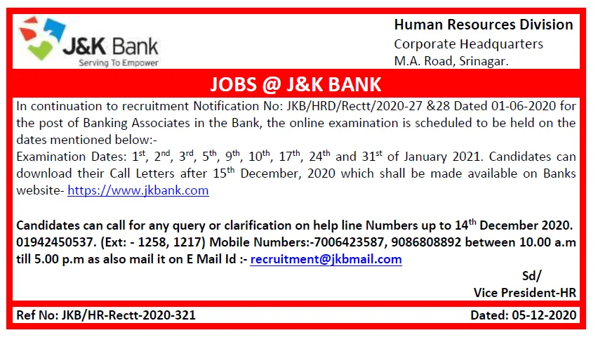 Photo of J&K Bank announces exam schedule for Banking Associate posts