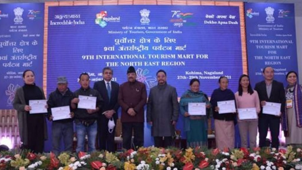 MoS Tourism Shri Ajay Bhatt addresses the opening session of the second day of International Tourism Mart at Kohima
