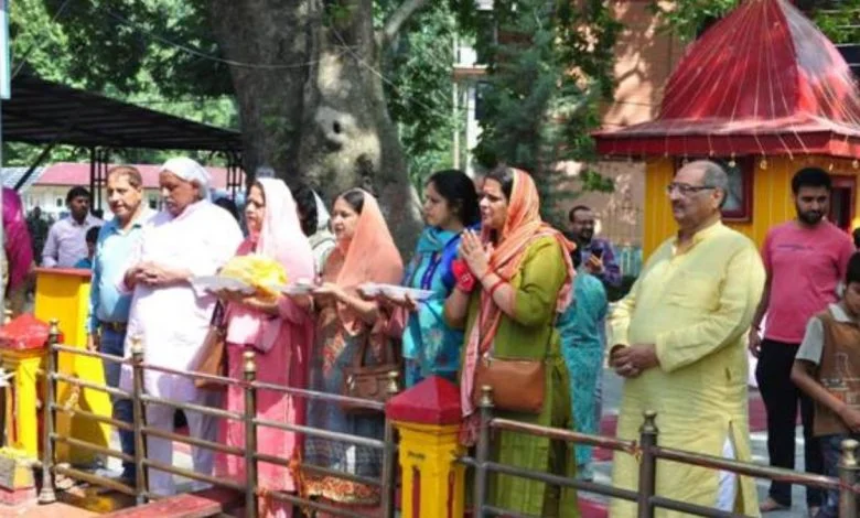 Large crowds of Kashmiri Pandits and devotees gathered at Mata Kheer Bhavani Temple on the occasion of Jyestha Ashtami