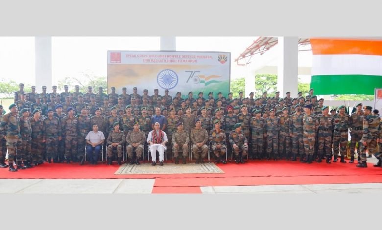 Shri Rajnath Singh interacts with troops at Headquarters Inspector General Assam Rifles (South) in Manipur