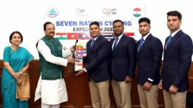 Shri Ajay Bhatt flags-in, in New Delhi, the first-ever six-nation Cycling Expedition undertaken by a NIMAS team